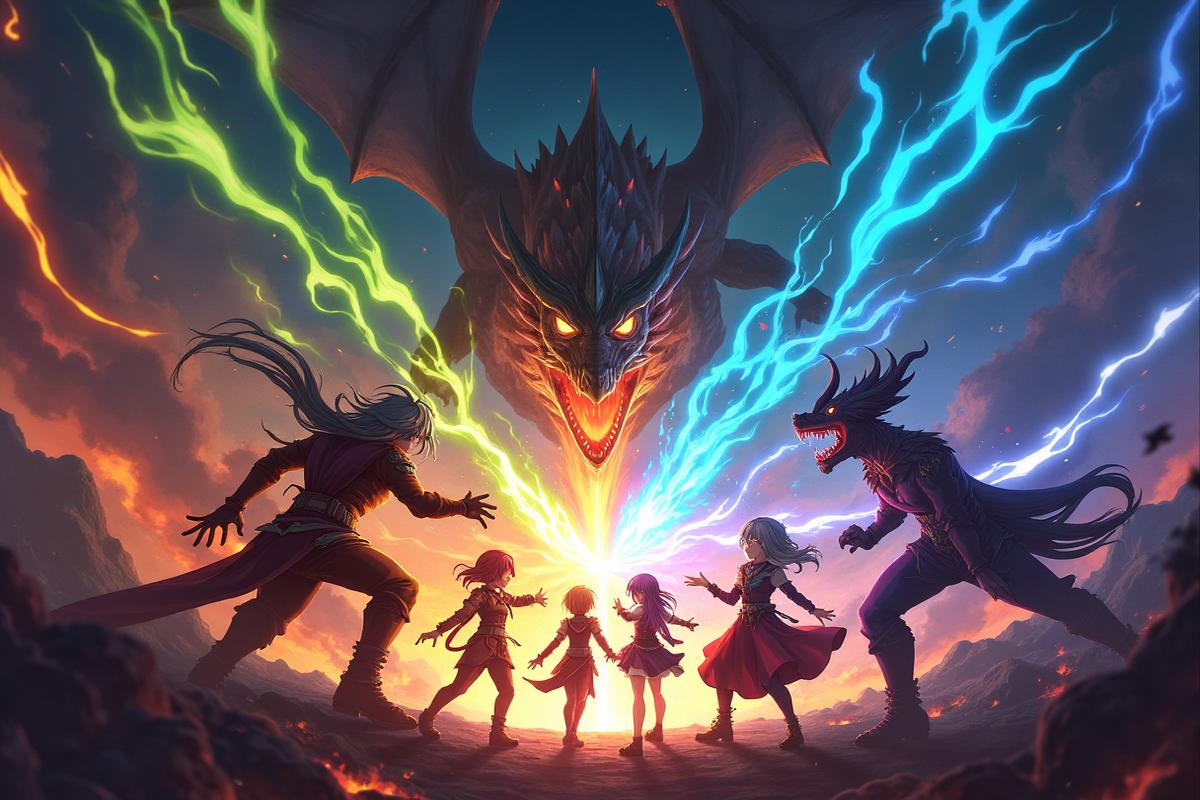 Cena de combate cooperativo com efeitos elementais vibrantes