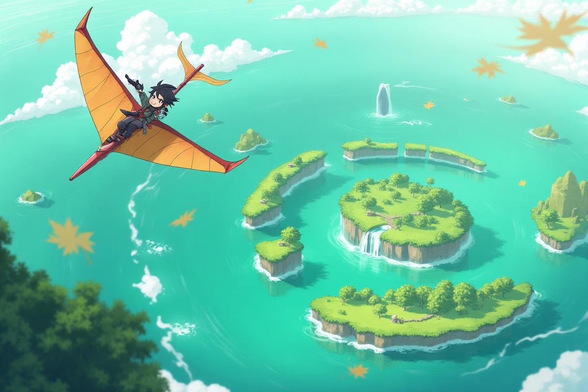 Exploração aérea sobre as ilhas flutuantes de Teyvat
