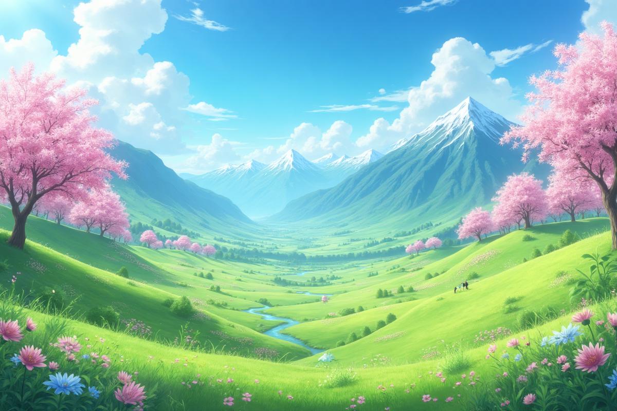 Vista panorâmica das montanhas e campos floridos de Teyvat